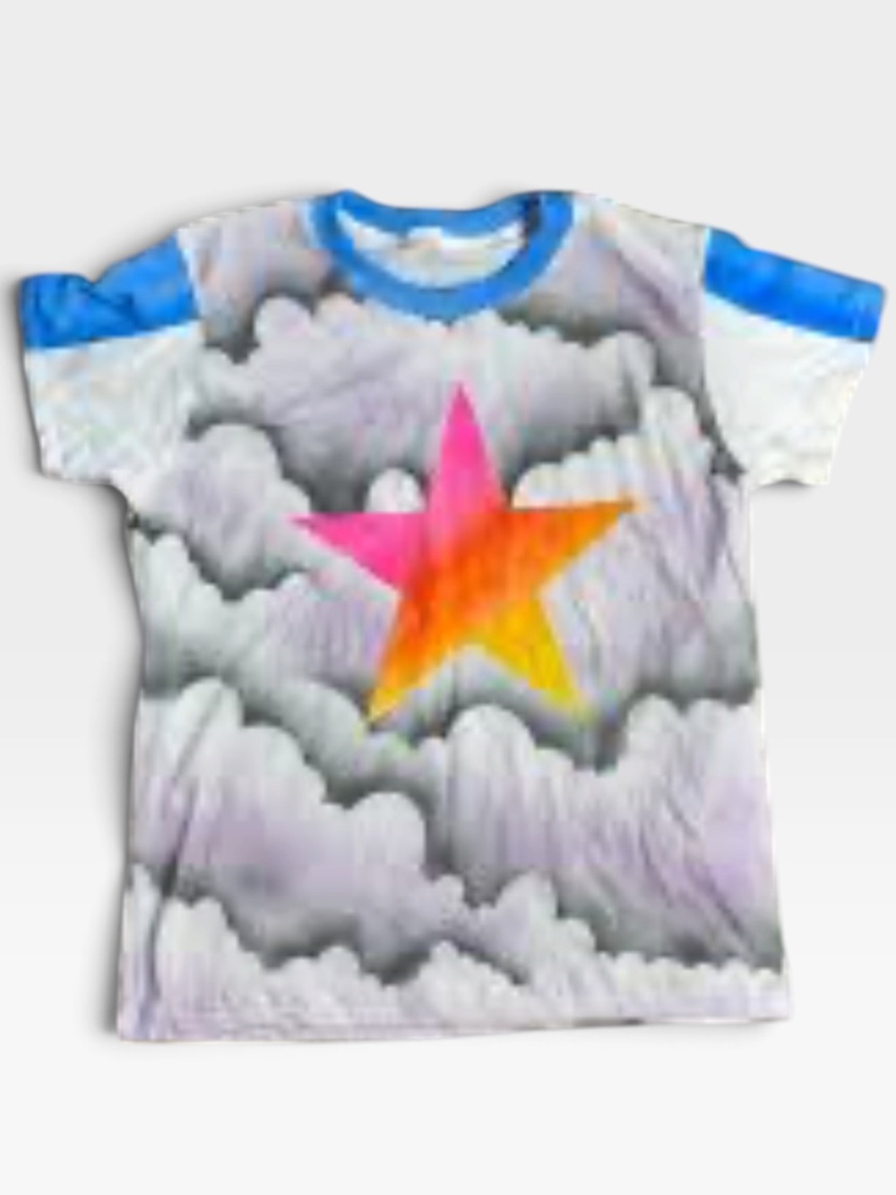 Big Bud Press Cloud Tee with Pink-Orange-Yellow Star and Blue Trim XXS